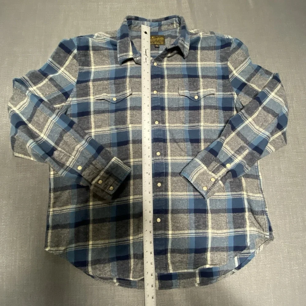 Lucky Brand Flannel Western‎ Pearl Snaps Shirt Blue Gray Plaid Mens Size XL